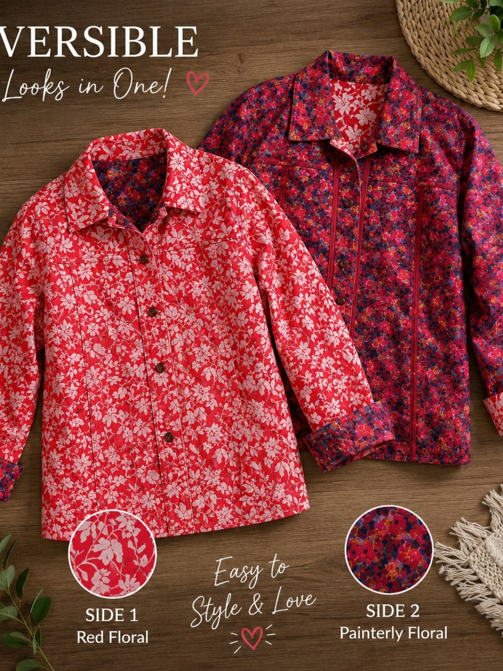 Reversible Red Floral Jacket — Two-Sided Print